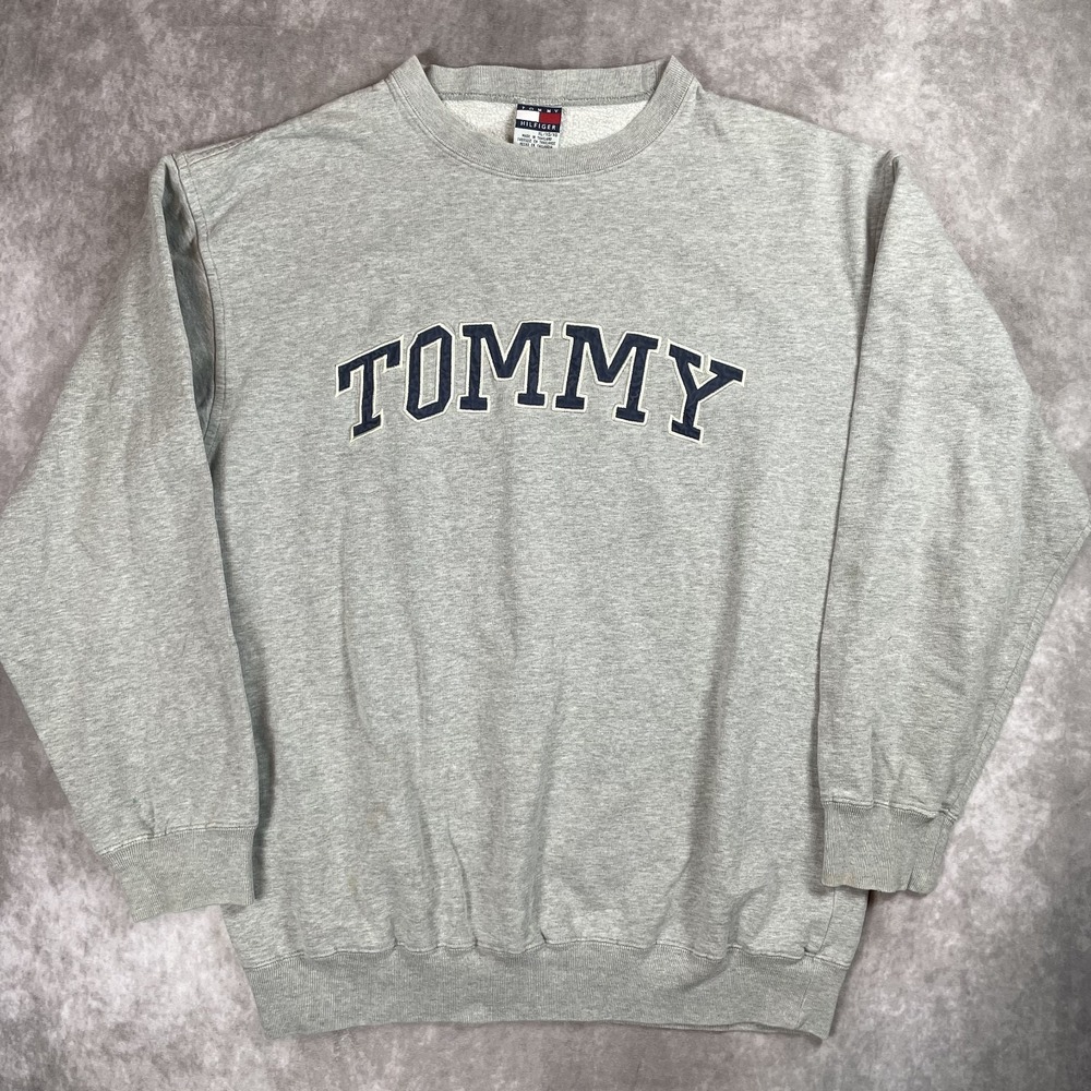 Vtg 90s Tommy Hilfiger Embroidered Logo Double‎ Sided Sweatshirt Light Gray XL
